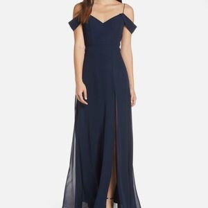 Jenny Yoo Priya Cold Shoulder Chiffon Gown, Navy size 6 Bridesmaids Dress